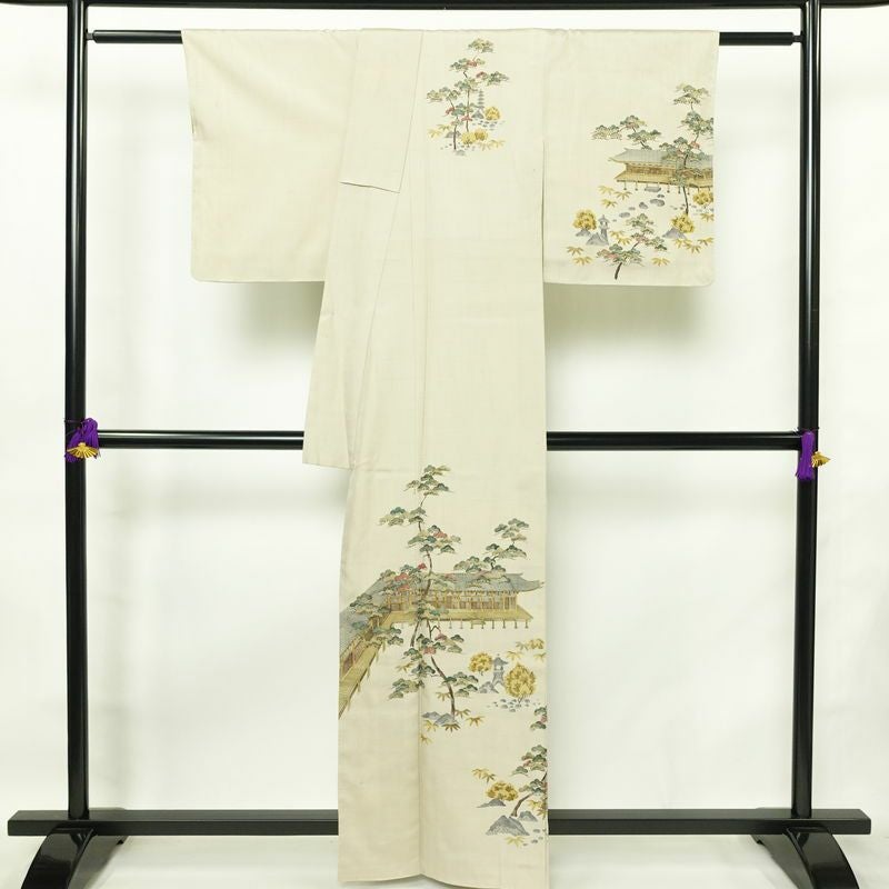 付け下げ 良品 正絹 風景柄 袷仕立て 身丈160.5cm 裄丈65.5cm リサイクル着物 着物 フォーマル 上品 紬地 ベージュ_画像2