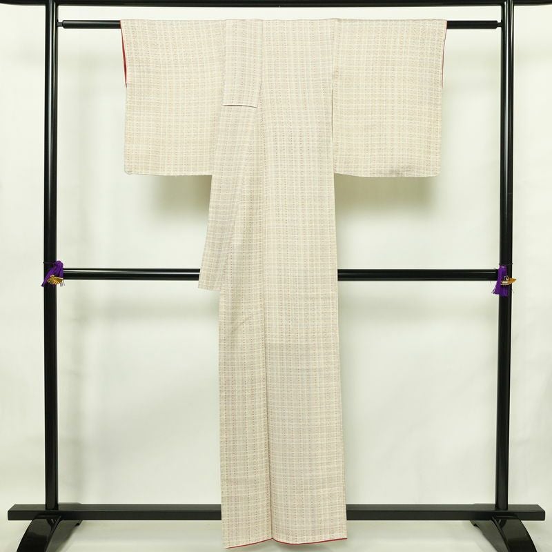 紬 つむぎ着物 正絹 チェック・格子柄 袷仕立て 身丈157.5cm 裄丈66cm リサイクル着物 着物 モダン 白_画像2