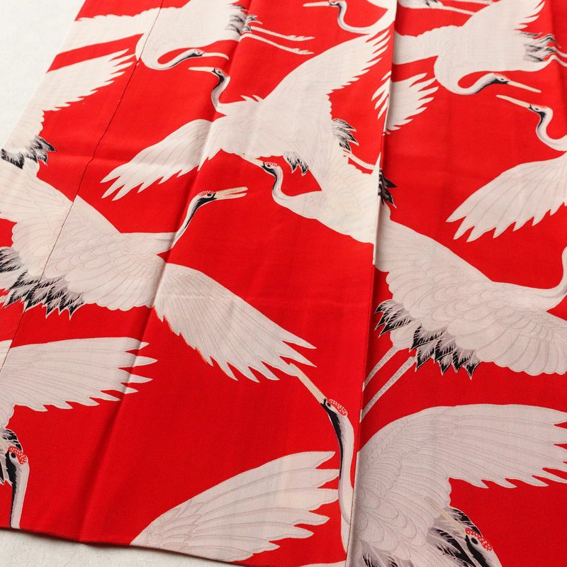 アンティーク 長襦袢 正絹 人物・動物柄 袷仕立て 身丈119cm 裄丈62cm 鶴 粋 赤・朱_画像3