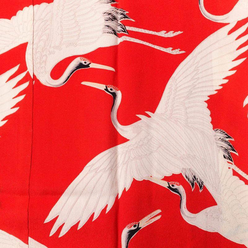 アンティーク 長襦袢 正絹 人物・動物柄 袷仕立て 身丈119cm 裄丈62cm 鶴 粋 赤・朱_画像5