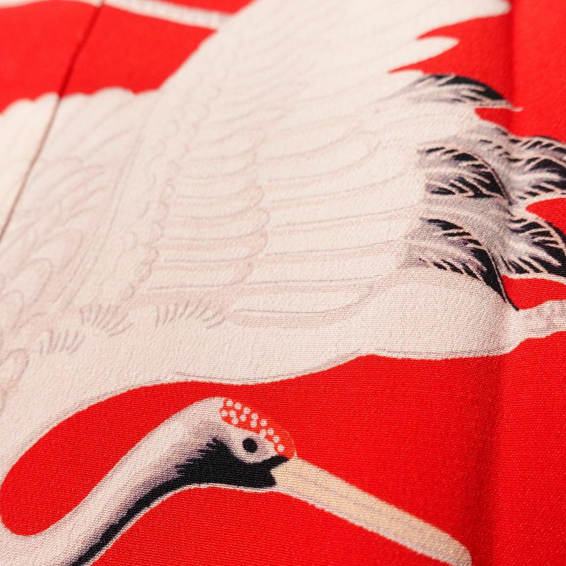 アンティーク 長襦袢 正絹 人物・動物柄 袷仕立て 身丈119cm 裄丈62cm 鶴 粋 赤・朱_画像8