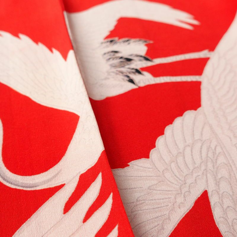 アンティーク 長襦袢 正絹 人物・動物柄 袷仕立て 身丈119cm 裄丈62cm 鶴 粋 赤・朱_画像10