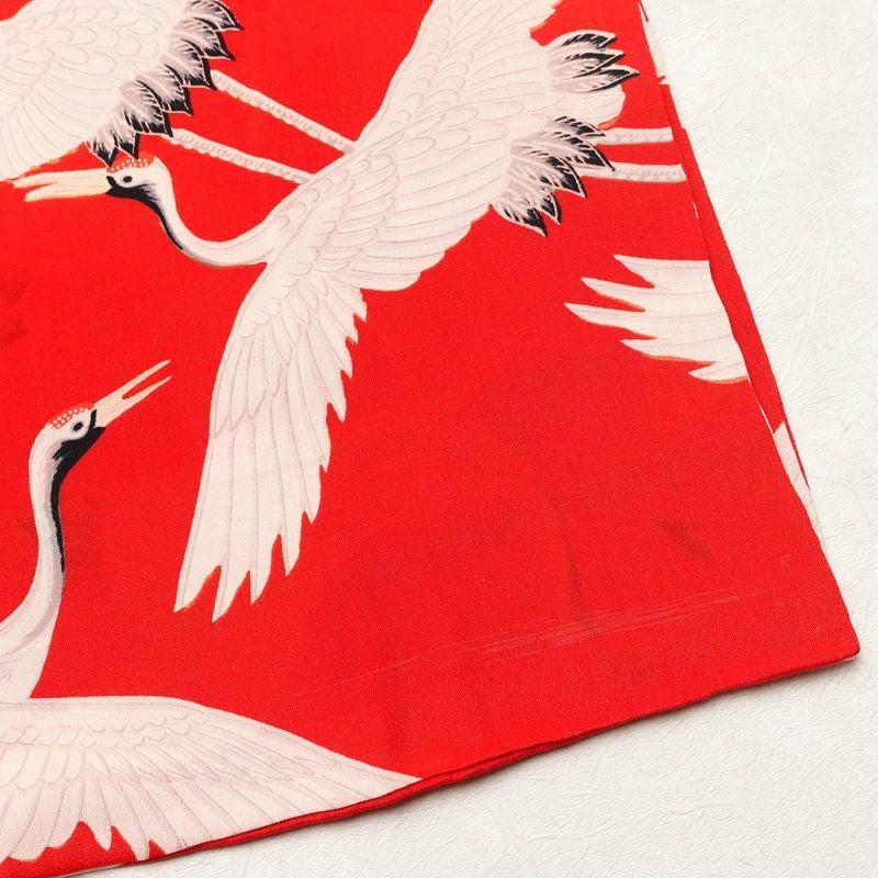 アンティーク 長襦袢 正絹 人物・動物柄 袷仕立て 身丈119cm 裄丈62cm 鶴 粋 赤・朱_画像15