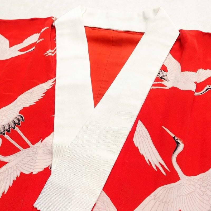 アンティーク 長襦袢 正絹 人物・動物柄 袷仕立て 身丈119cm 裄丈62cm 鶴 粋 赤・朱_画像16