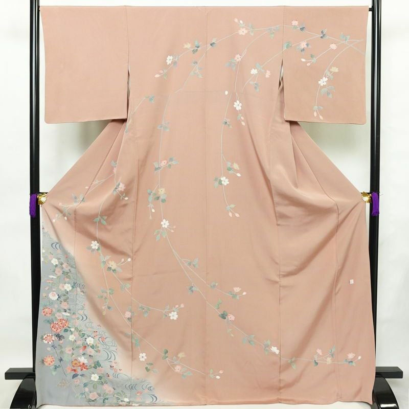 訪問着 縮緬 トールサイズ 正絹 花柄 袷仕立て 身丈170.5cm 裄丈67cm リサイクル着物 着物 作家物 共八掛 入学式 卒業式 結婚式 七五三 お宮参り フォーマル 菊 くすみピンク ピンク_画像1