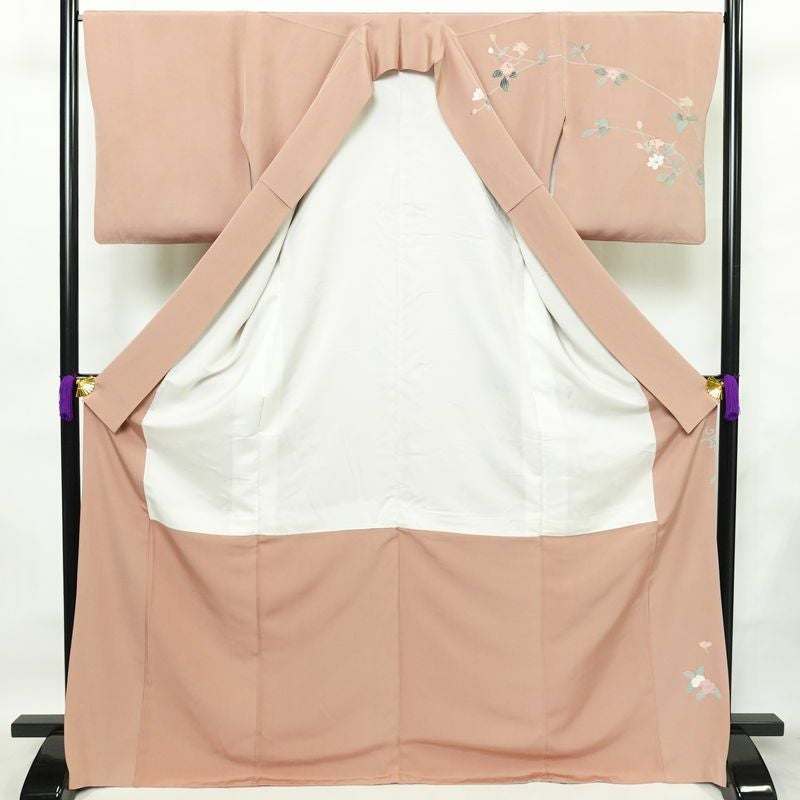 訪問着 縮緬 トールサイズ 正絹 花柄 袷仕立て 身丈170.5cm 裄丈67cm リサイクル着物 着物 作家物 共八掛 入学式 卒業式 結婚式 七五三 お宮参り フォーマル 菊 くすみピンク ピンク_画像3