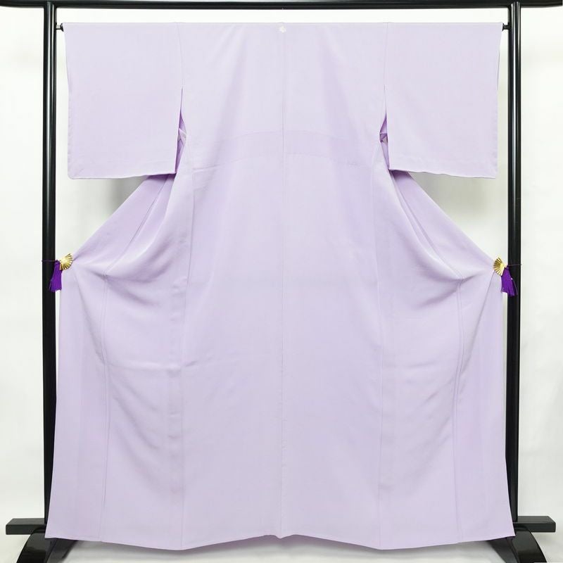 単衣 色無地 縮緬 一つ紋付き 正絹 無地 単衣仕立て 身丈162.5cm 裄丈66cm リサイクル着物 着物 お茶会 シンプル 紫・藤色_画像1