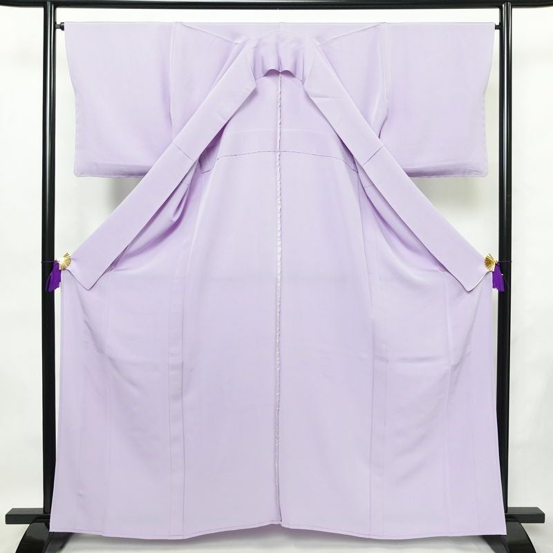 単衣 色無地 縮緬 一つ紋付き 正絹 無地 単衣仕立て 身丈162.5cm 裄丈66cm リサイクル着物 着物 お茶会 シンプル 紫・藤色_画像3