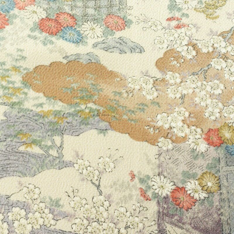 小紋 縮緬 総柄 正絹 風景柄 袷仕立て 身丈161.5cm 裄丈65cm リサイクル着物 着物 松 菊 桜 ベージュ_画像7