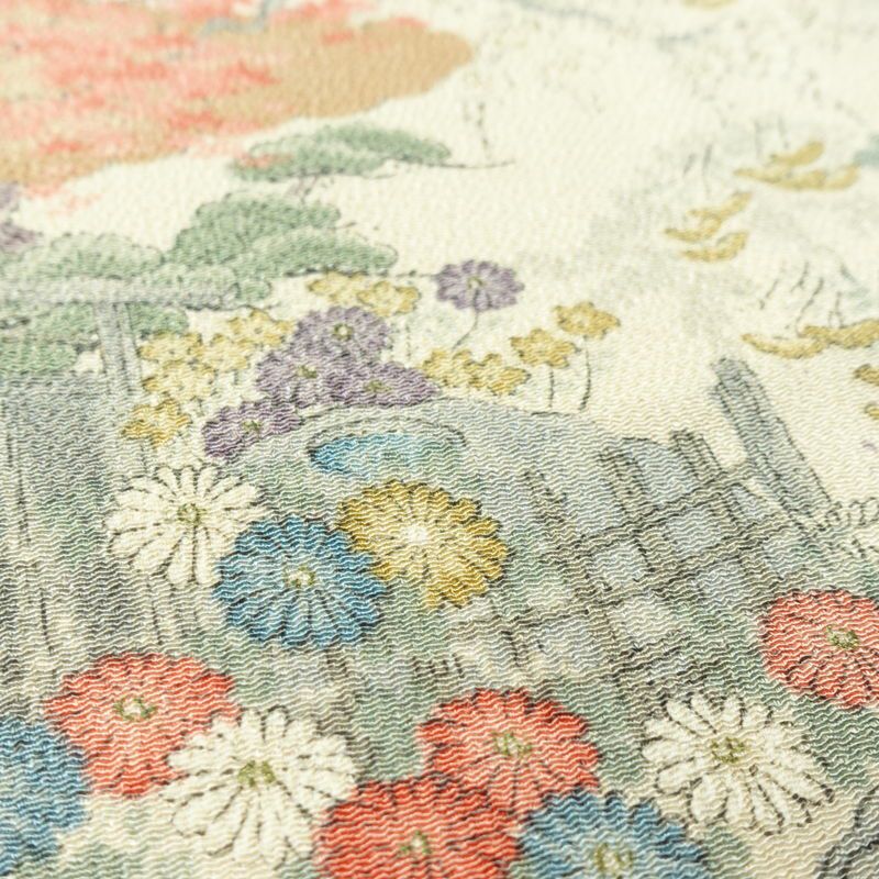 小紋 縮緬 総柄 正絹 風景柄 袷仕立て 身丈161.5cm 裄丈65cm リサイクル着物 着物 松 菊 桜 ベージュ_画像8