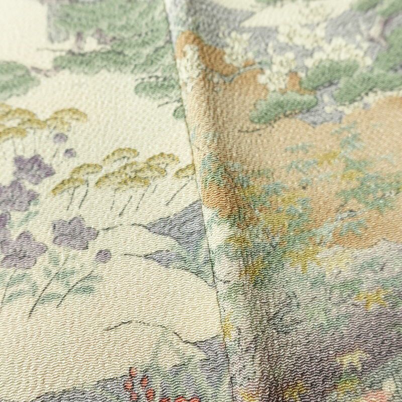 小紋 縮緬 総柄 正絹 風景柄 袷仕立て 身丈161.5cm 裄丈65cm リサイクル着物 着物 松 菊 桜 ベージュ_画像10