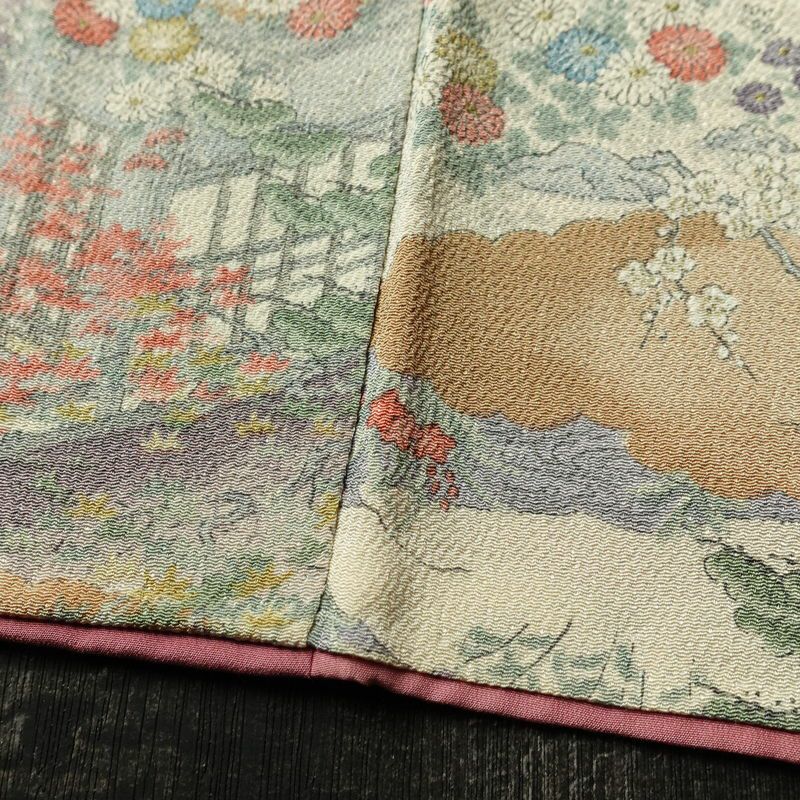 小紋 縮緬 総柄 正絹 風景柄 袷仕立て 身丈161.5cm 裄丈65cm リサイクル着物 着物 松 菊 桜 ベージュ_画像11