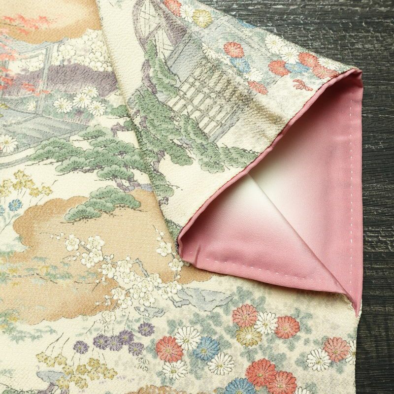 小紋 縮緬 総柄 正絹 風景柄 袷仕立て 身丈161.5cm 裄丈65cm リサイクル着物 着物 松 菊 桜 ベージュ_画像14