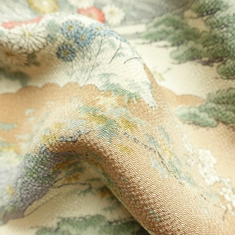 小紋 縮緬 総柄 正絹 風景柄 袷仕立て 身丈161.5cm 裄丈65cm リサイクル着物 着物 松 菊 桜 ベージュ_画像21