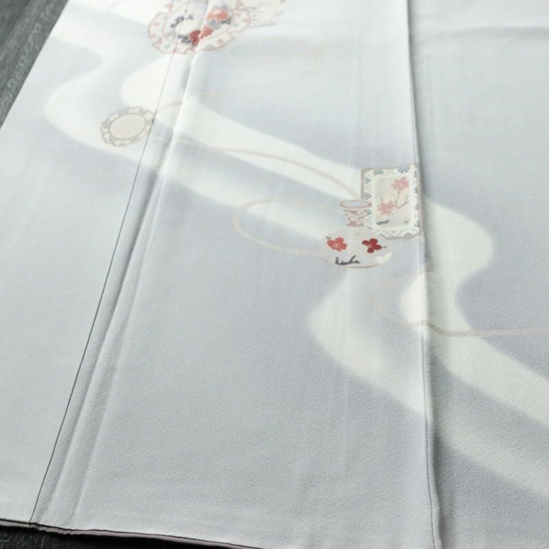 付け下げ 縮緬 正絹 古典柄 袷仕立て 身丈149cm 裄丈63cm リサイクル着物 着物 入学式 卒業式 七五三 お宮参り フォーマル シンプル 上品 グレー_画像4