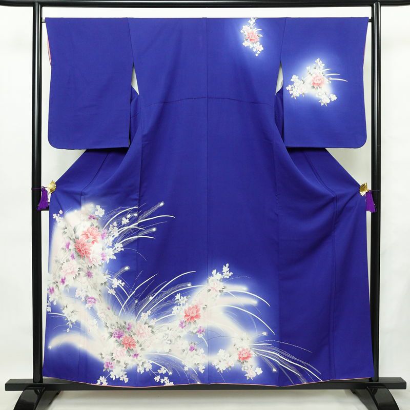 付け下げ 正絹 花柄 袷仕立て 身丈156.5cm 裄丈66.5cm リサイクル着物 着物 箔 フォーマル 華やか 青・紺_画像1