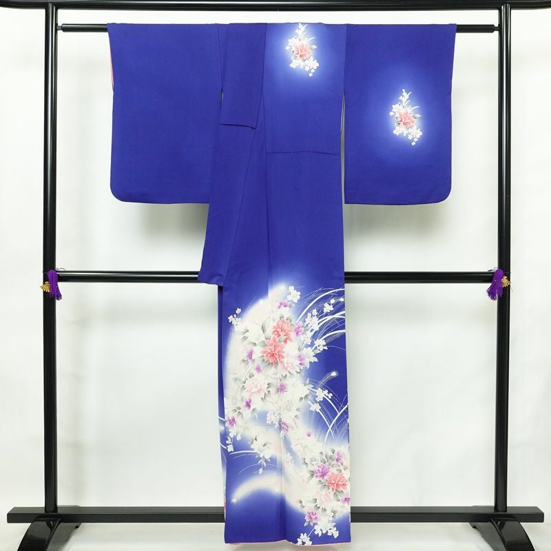 付け下げ 正絹 花柄 袷仕立て 身丈156.5cm 裄丈66.5cm リサイクル着物 着物 箔 フォーマル 華やか 青・紺_画像2