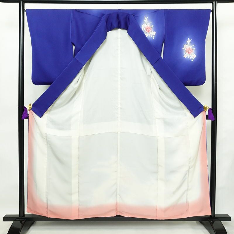 付け下げ 正絹 花柄 袷仕立て 身丈156.5cm 裄丈66.5cm リサイクル着物 着物 箔 フォーマル 華やか 青・紺_画像3