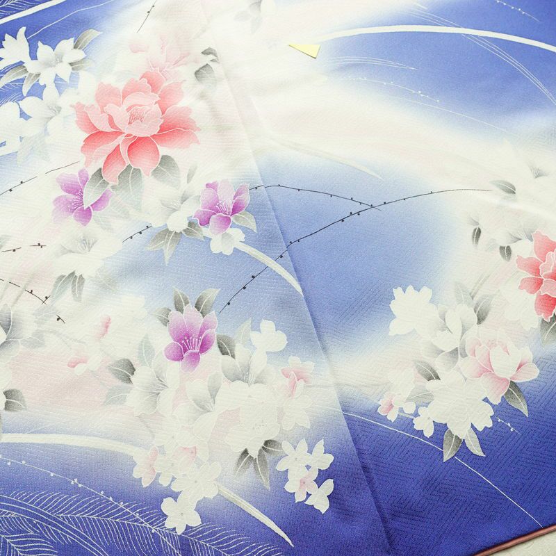 付け下げ 正絹 花柄 袷仕立て 身丈156.5cm 裄丈66.5cm リサイクル着物 着物 箔 フォーマル 華やか 青・紺_画像13