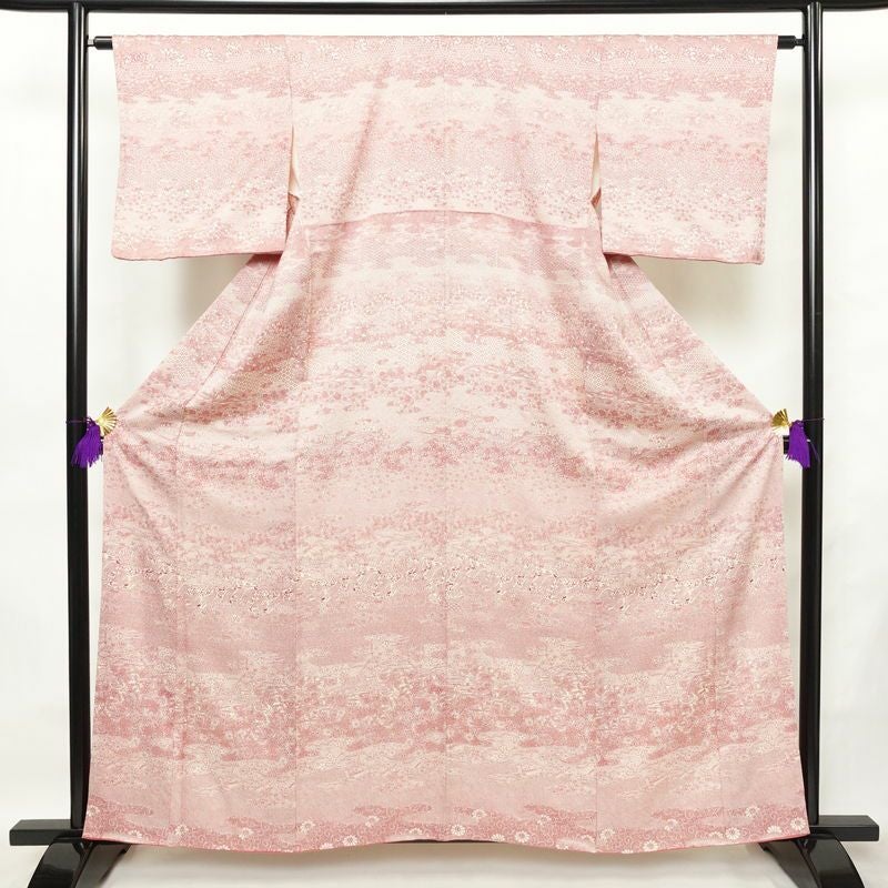 付け下げ 総柄 正絹 古典柄 袷仕立て 身丈159.5cm 裄丈62.5cm リサイクル着物 着物 ピンク_画像1