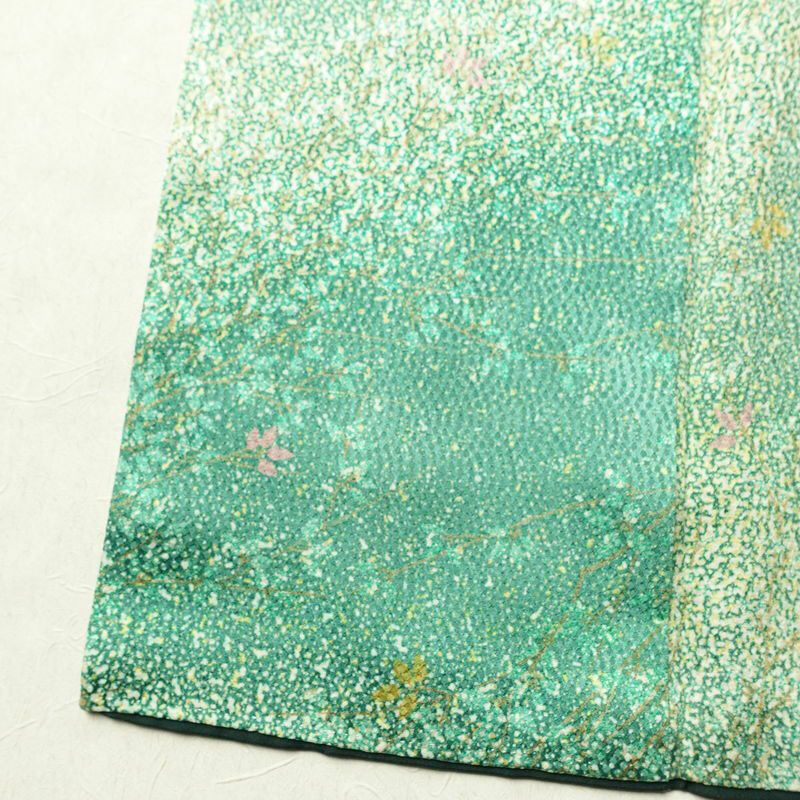 小紋 総柄 正絹 木の葉・植物柄 袷仕立て 身丈154cm 裄丈65cm リサイクル着物 街着 こもん 着物 緑・うぐいす色_画像11