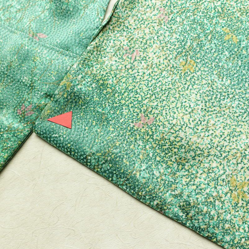 小紋 総柄 正絹 木の葉・植物柄 袷仕立て 身丈154cm 裄丈65cm リサイクル着物 街着 こもん 着物 緑・うぐいす色_画像19