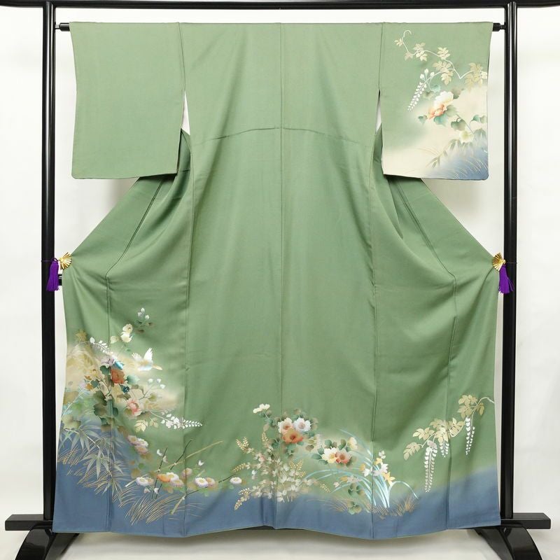 訪問着 良品 正絹 花柄 袷仕立て 身丈159.5cm 裄丈64.5cm リサイクル着物 着物 箔 金彩 入学式 卒業式 結婚式 七五三 パーティー お宮参り フォーマル 華やか 色箔 緑・うぐいす色_画像1