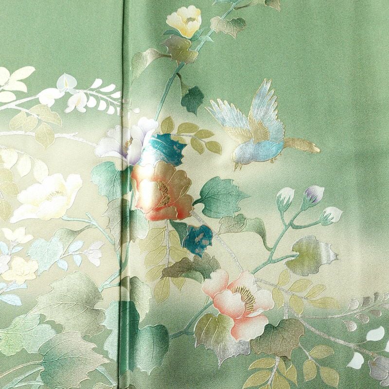 訪問着 良品 正絹 花柄 袷仕立て 身丈159.5cm 裄丈64.5cm リサイクル着物 着物 箔 金彩 入学式 卒業式 結婚式 七五三 パーティー お宮参り フォーマル 華やか 色箔 緑・うぐいす色_画像6