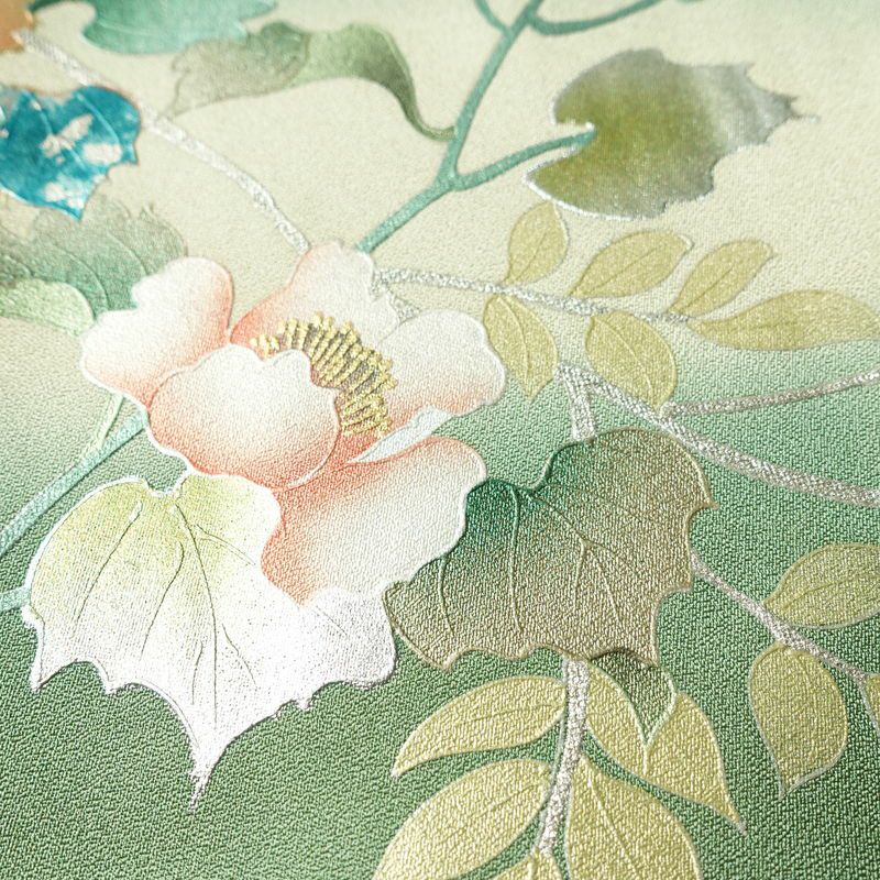 訪問着 良品 正絹 花柄 袷仕立て 身丈159.5cm 裄丈64.5cm リサイクル着物 着物 箔 金彩 入学式 卒業式 結婚式 七五三 パーティー お宮参り フォーマル 華やか 色箔 緑・うぐいす色_画像11