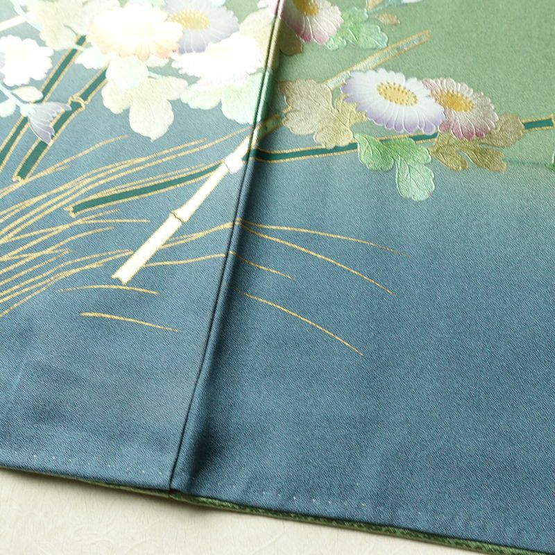 訪問着 良品 正絹 花柄 袷仕立て 身丈159.5cm 裄丈64.5cm リサイクル着物 着物 箔 金彩 入学式 卒業式 結婚式 七五三 パーティー お宮参り フォーマル 華やか 色箔 緑・うぐいす色_画像12