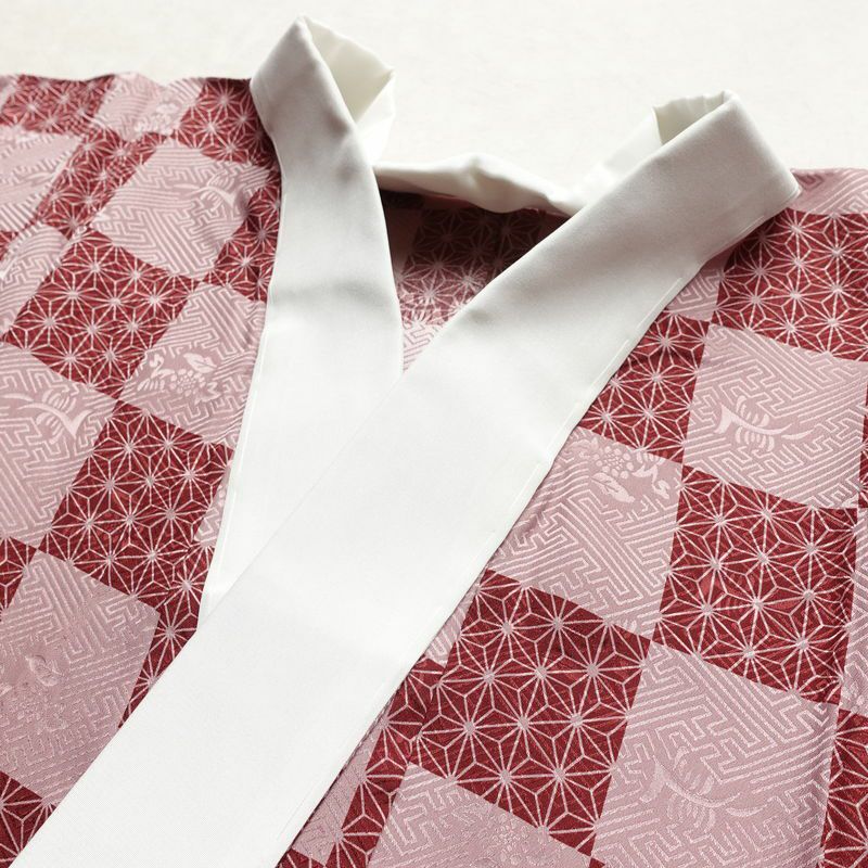 長襦袢 美品 しつけ糸付き 綸子 正絹 チェック・格子柄 袖無双・胴抜き 身丈126cm 裄丈67.5cm 麻の葉 市松 カジュアル ピンク_画像17