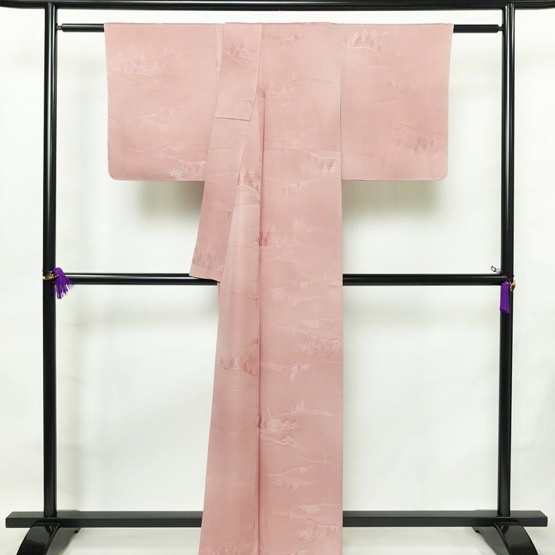 色無地 美品 しつけ糸付き 正絹 風景柄 袷仕立て 身丈162cm 裄丈66cm フォーマル 着物 くすみピンク お茶会 ピンク_画像2