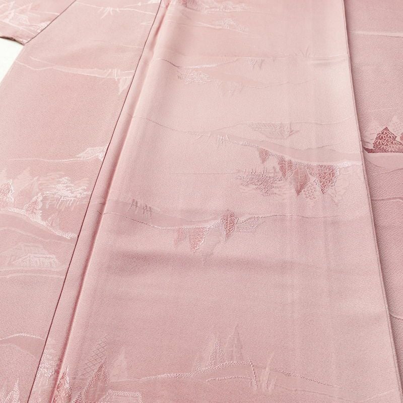 色無地 美品 しつけ糸付き 正絹 風景柄 袷仕立て 身丈162cm 裄丈66cm フォーマル 着物 くすみピンク お茶会 ピンク_画像5