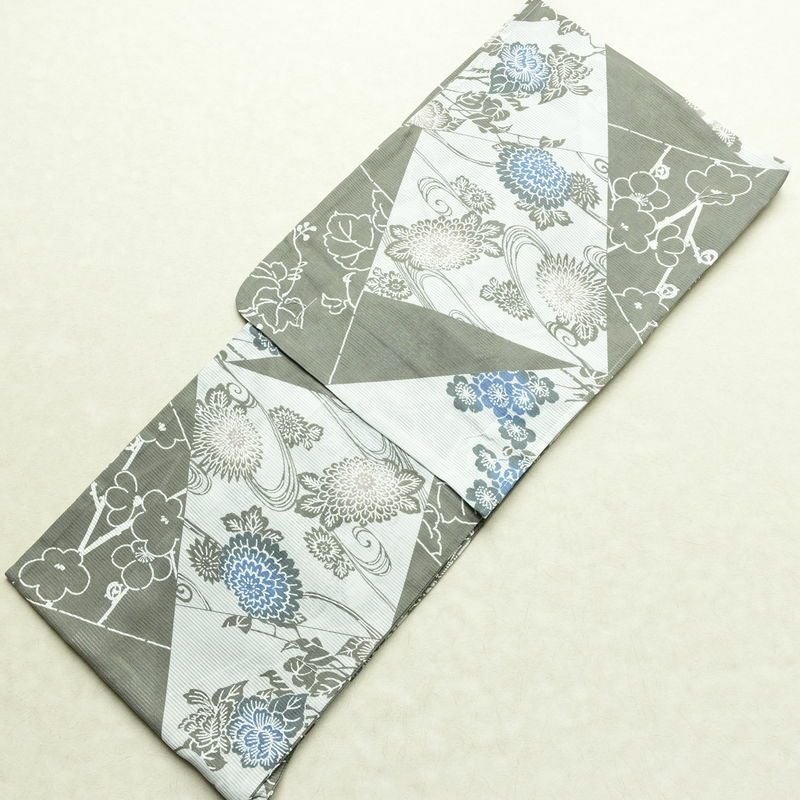 新品 浴衣 綿絽 国内染色 国内加工 女性用 絽 綿 グレー 花 しつけ糸付き 未使用品 ゆかた くすみカラー シック モダン しっとり_画像1