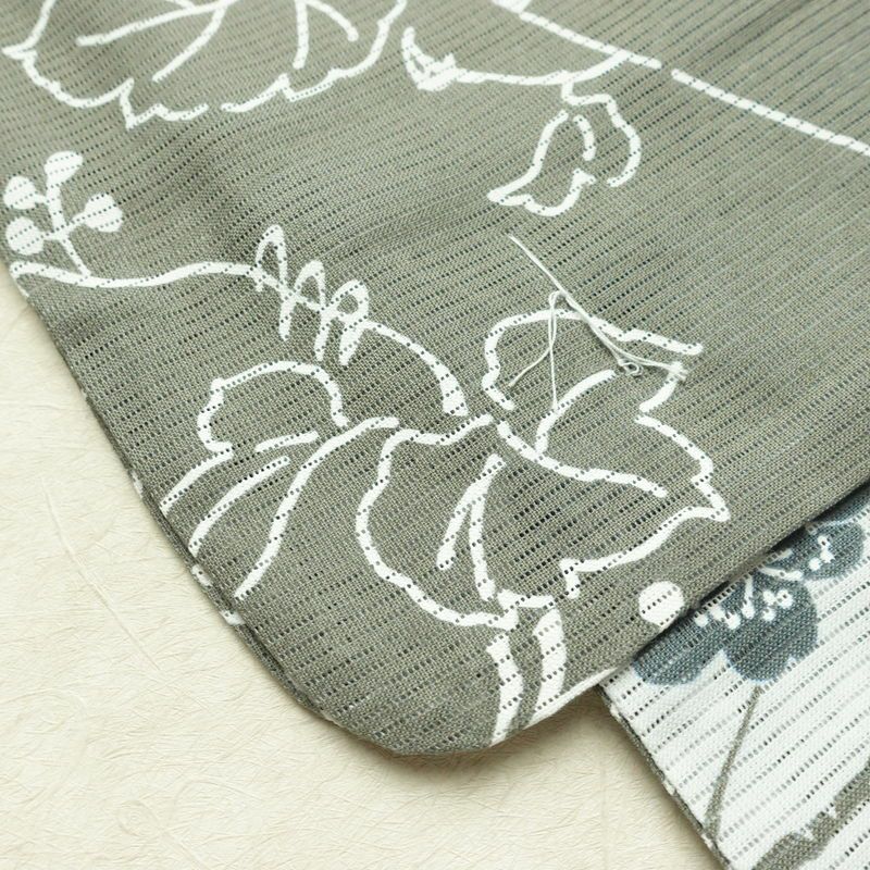 新品 浴衣 綿絽 国内染色 国内加工 女性用 絽 綿 グレー 花 しつけ糸付き 未使用品 ゆかた くすみカラー シック モダン しっとり_画像9