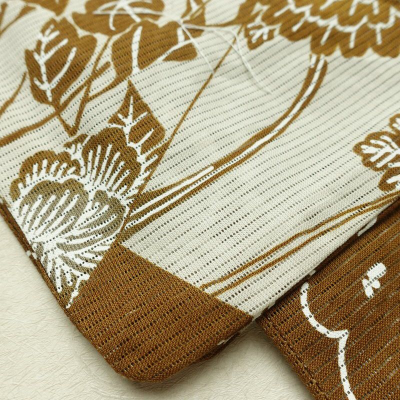 新品 浴衣 綿絽 国内染色 国内加工 女性用 絽 綿 茶 花 しつけ糸付き 未使用品 ゆかた シック モダン しっとり_画像9