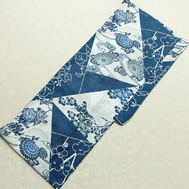 新品 浴衣 綿絽 国内染色 国内加工 女性用 絽 綿 ブルー 花 しつけ糸付き 未使用品 ゆかた レトロ シック モダン しっとり_画像2