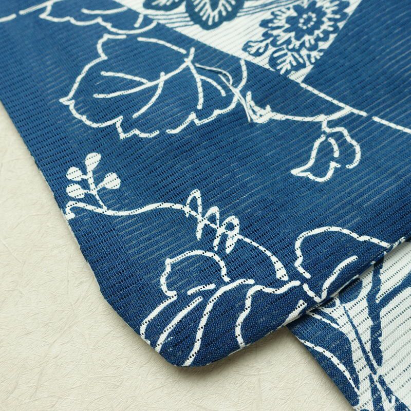 新品 浴衣 綿絽 国内染色 国内加工 女性用 絽 綿 ブルー 花 しつけ糸付き 未使用品 ゆかた レトロ シック モダン しっとり_画像9