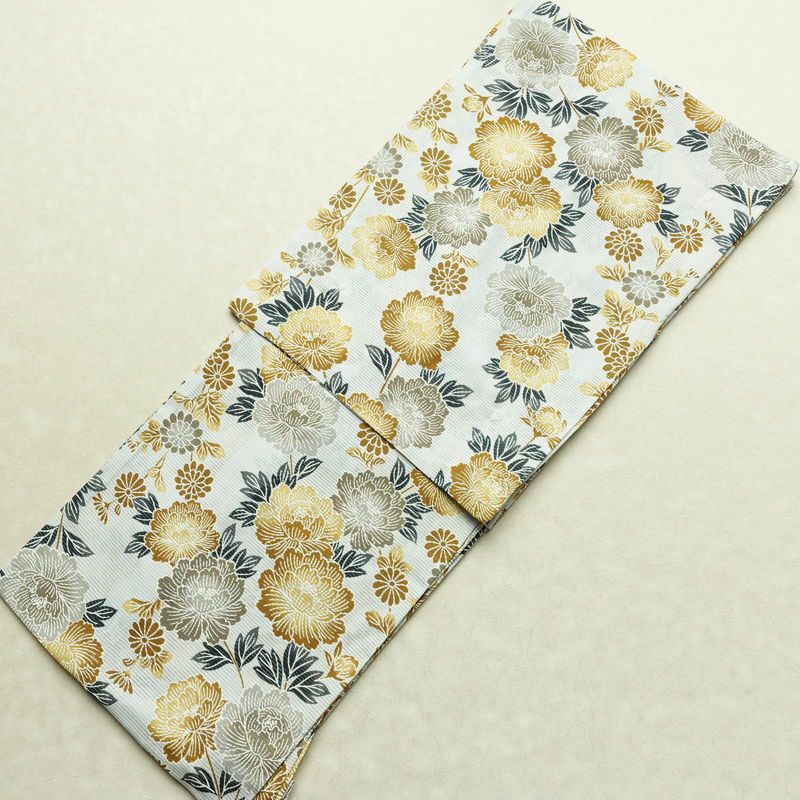 新品 浴衣 綿絽 国内染色 国内加工 女性用 絽 綿 金茶 花 しつけ糸付き 未使用品 ゆかた 菊 シック モダン しっとり_画像1