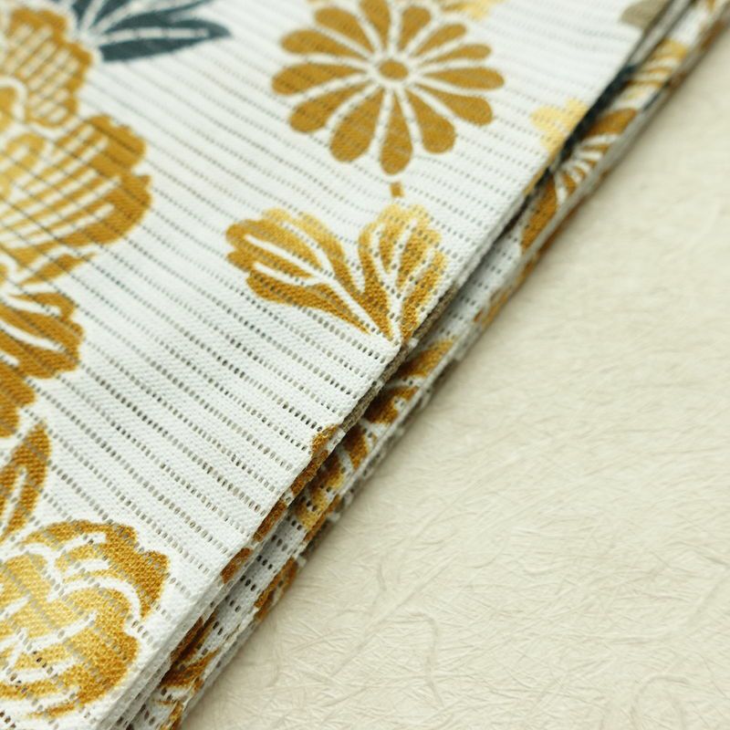 新品 浴衣 綿絽 国内染色 国内加工 女性用 絽 綿 金茶 花 しつけ糸付き 未使用品 ゆかた 菊 シック モダン しっとり_画像13