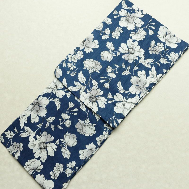 新品 浴衣 滝流れ織 国内染色 国内加工 女性用 綿 青 花 しつけ糸付き 未使用品 ゆかた レトロ シック モダン_画像1