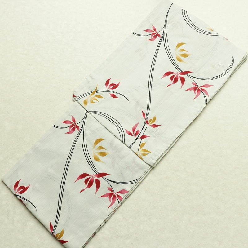 新品 浴衣 滝流れ織 国内染色 国内加工 女性用 綿 グレー 木の葉・植物 しつけ糸付き 未使用品 ゆかた レトロ シック モダン しっとり_画像1