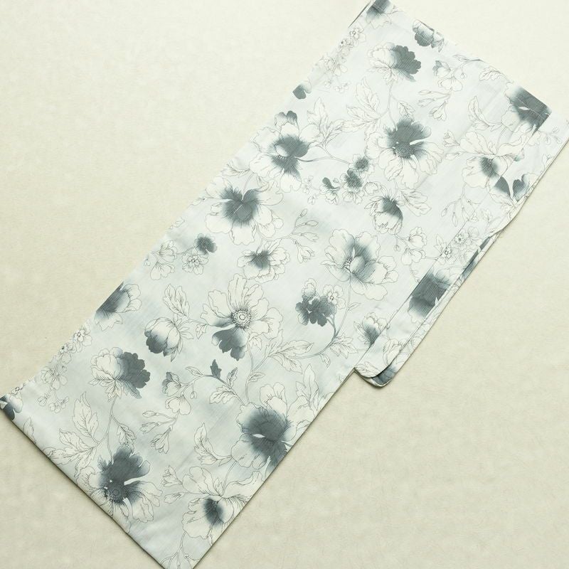 新品 浴衣 滝流れ織 国内染色 国内加工 女性用 綿 ライトグレー 花 しつけ糸付き 未使用品 ゆかた レトロ シック モダン_画像2