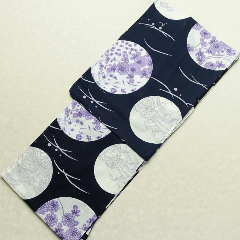 新品 浴衣 滝流れ織 国内染色 国内加工 女性用 綿 紺桔梗 木の葉・植物 しつけ糸付き 未使用品 ゆかた レトロ モダン しっとり 古典_画像1