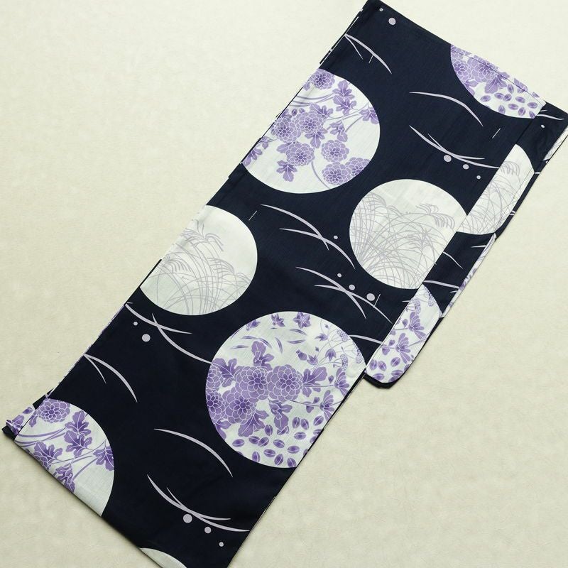 新品 浴衣 滝流れ織 国内染色 国内加工 女性用 綿 紺桔梗 木の葉・植物 しつけ糸付き 未使用品 ゆかた レトロ モダン しっとり 古典_画像2