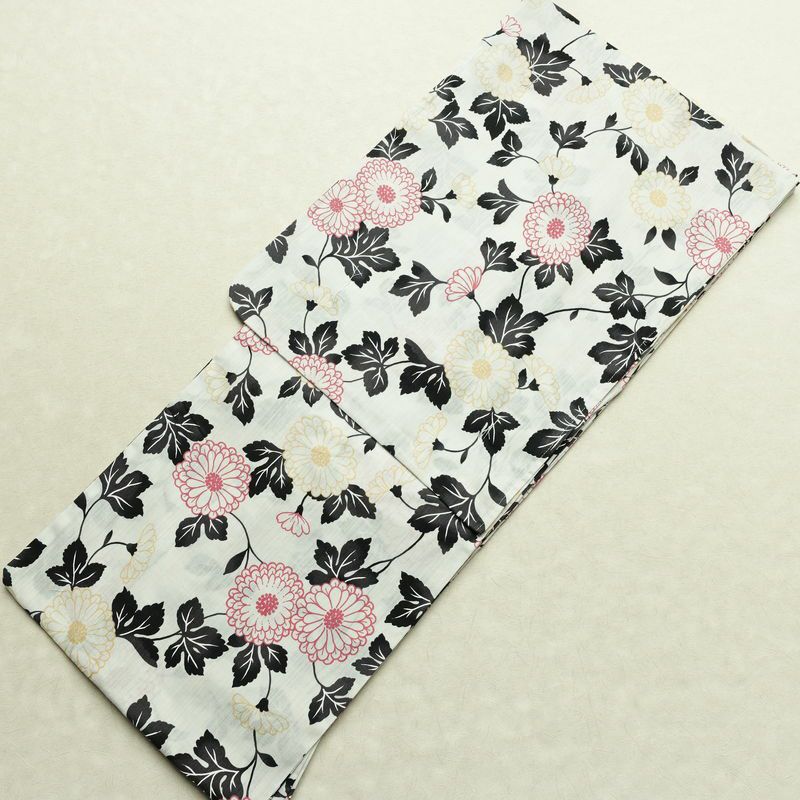 新品 浴衣 滝流れ織 国内染色 国内加工 女性用 綿 白 花 しつけ糸付き 未使用品 ゆかた レトロ モダン 菊_画像1