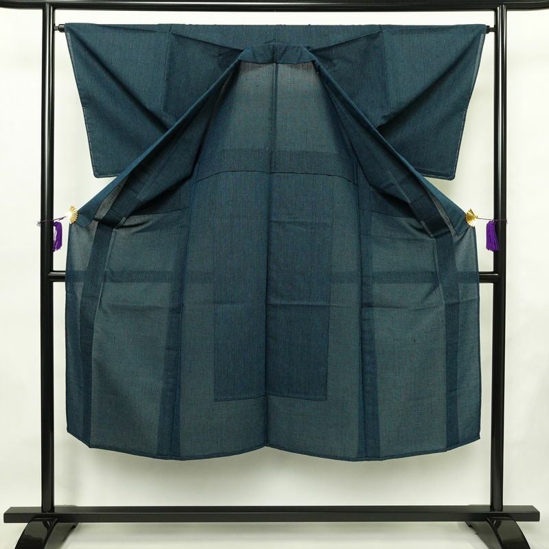 男性用 着物 良品 夏用 しつけ糸付き 混紡 その他の柄 単衣仕立て 身丈140cm 裄丈65cm リサイクル着物 着物 青・紺_画像3