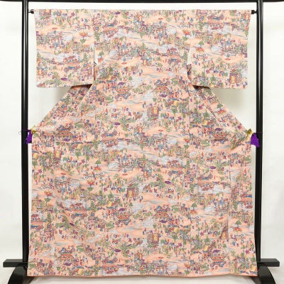 小紋 しつけ糸付き 縮緬 正絹 花柄 袷仕立て 身丈154.5cm 裄丈66cm 