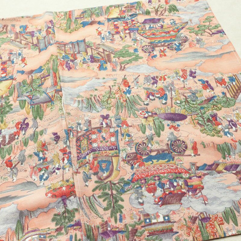 小紋 しつけ糸付き 総柄 正絹 風景柄 袷仕立て 身丈164.5cm 裄丈65cm リサイクル着物 着物 ピンク_画像14