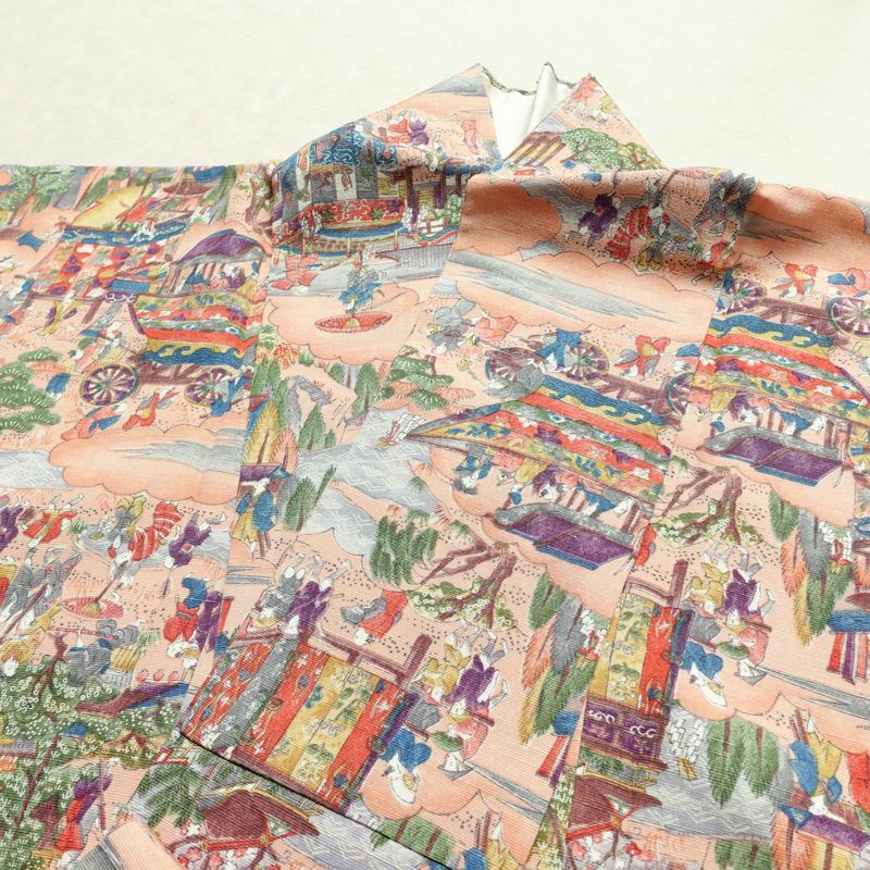 小紋 しつけ糸付き 総柄 正絹 風景柄 袷仕立て 身丈164.5cm 裄丈65cm リサイクル着物 着物 ピンク_画像15